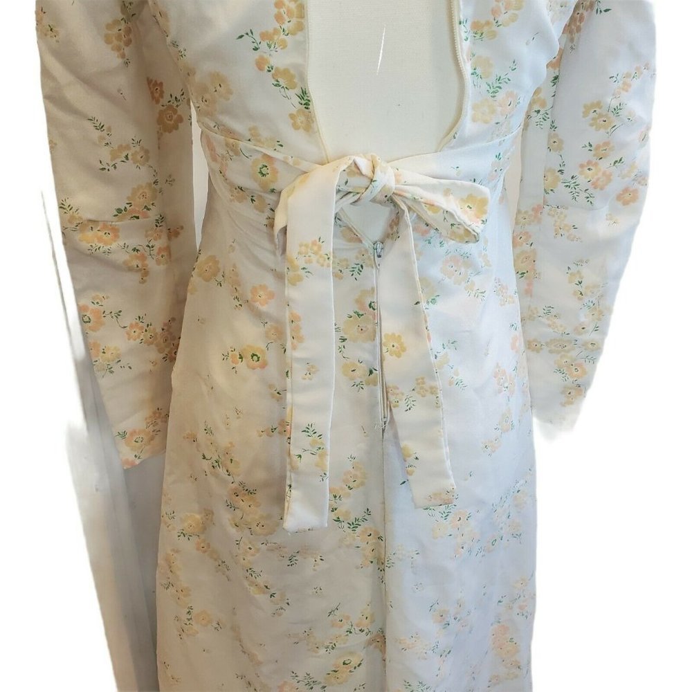 Vintage 70s Flocked Floral Maxi Prairie Dress White Peach Flowers Sz 0 XXS - Picture 4 of 13